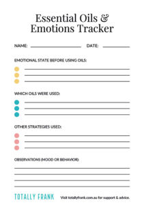 Essential Oils & Emotions Tracker worksheet featuring sections for recording the date, name, emotional state before using oils, oils used, other strategies employed, and observations on mood or behavior. The worksheet uses colored dots to distinguish each section, with space for written entries. Footer includes website link for support and advice: totallyfrank.com.au.