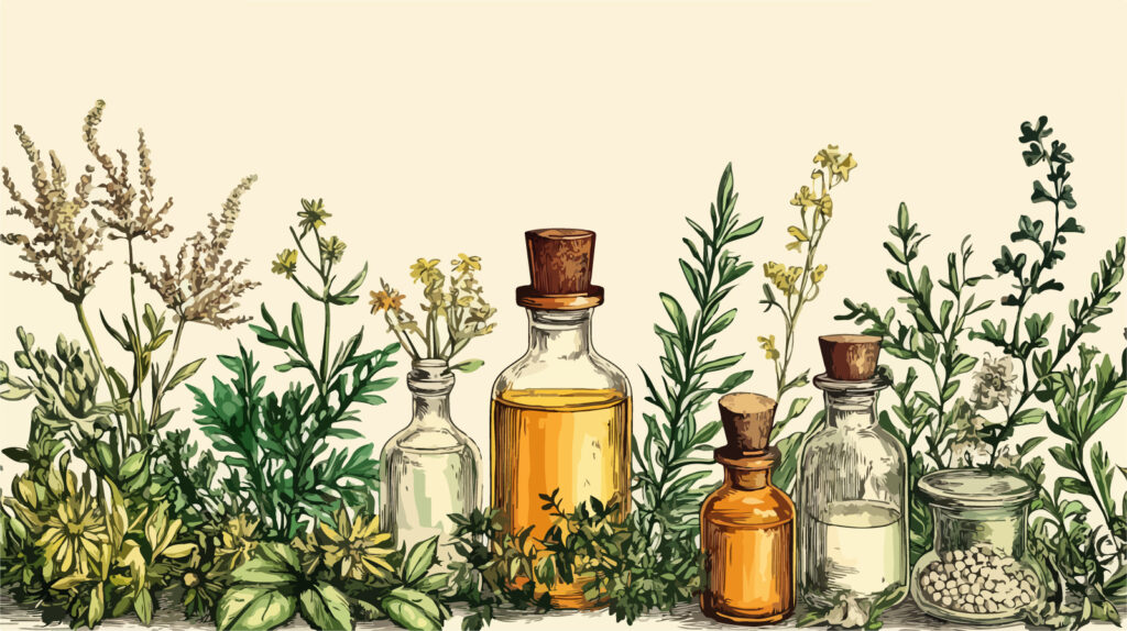 An illustration of plants and bottles, both empty and filled with oils of various colours.