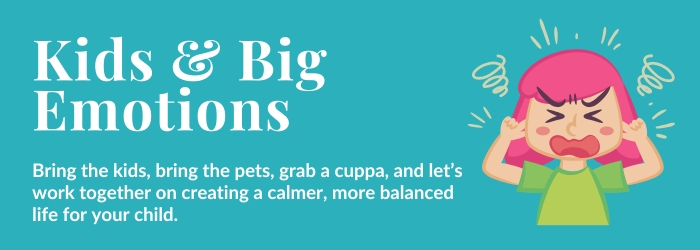 Banner with the title 'Kids & Big Emotions' in large white text on a teal background. To the right, there is an illustration of a young girl with pink hair, appearing frustrated or angry, with squiggly lines indicating stress above her head. Below the title, a subheading reads: 'Bring the kids, bring the pets, grab a cuppa, and let’s work together on creating a calmer, more balanced life for your child.'