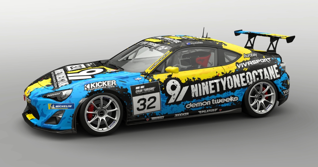 Bold and colorful Gran Turismo race car livery featuring a paint-splatter design in blue, yellow, and black with “91 NinetyOneOctane” across the side, sponsor logos like KICKER and Michelin, and race number 32 on the door and hood.