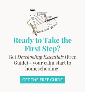 Illustration of a notebook, pen, and coffee next to text reading “Ready to Take the First Step? Get Deschooling Essentials (Free Guide) – your calm start to homeschooling.” A teal button below says “Get the Free Guide.” Promotes a homeschooling deschooling resource for beginners.