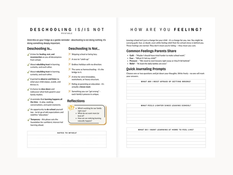 Preview of free Deschooling Essentials for parents starting homeschooling.