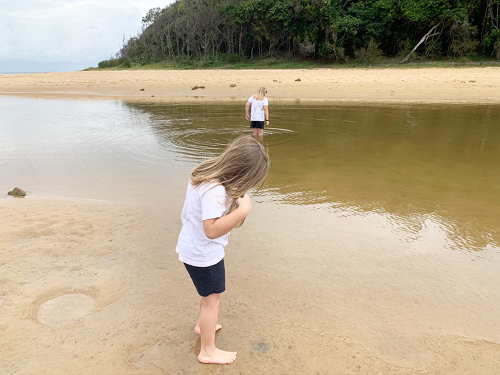Two children explore a shallow creek on a quiet beach, one wading in the water and the other examining the sand, during an outdoor homeschooling activity. Both wear white shirts and dark shorts, surrounded by sand, water, and a forested backdrop.
