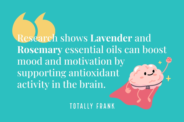 Graphic featuring an illustrated smiling brain in a superhero cape. Text states that lavender and rosemary essential oils may boost mood and motivation by supporting antioxidant activity in the brain, suggesting their value in diffuser blends for emotional wellness.