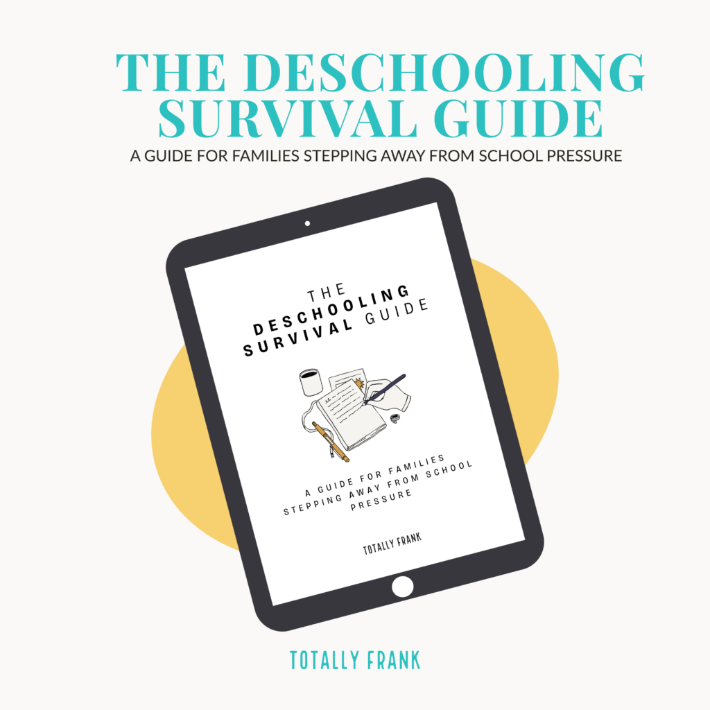 Illustration of a digital tablet displaying the cover of “The Deschooling Survival Guide,” a printable workbook for families navigating life after school stress. The guide is designed to support families, especially those with autistic, ADHD, PDA, or anxious children, during the deschooling process.
