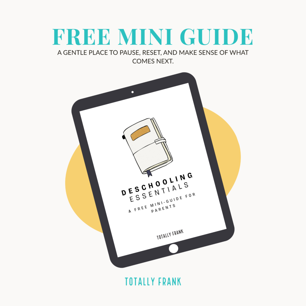 Tablet displaying the cover of a free mini guide titled "Deschooling Essentials," featuring an illustration of a journal and the subtitle "A free mini-guide for parents." This image promotes a free resource for neurodivergent families seeking support with school refusal and gentle homeschooling.