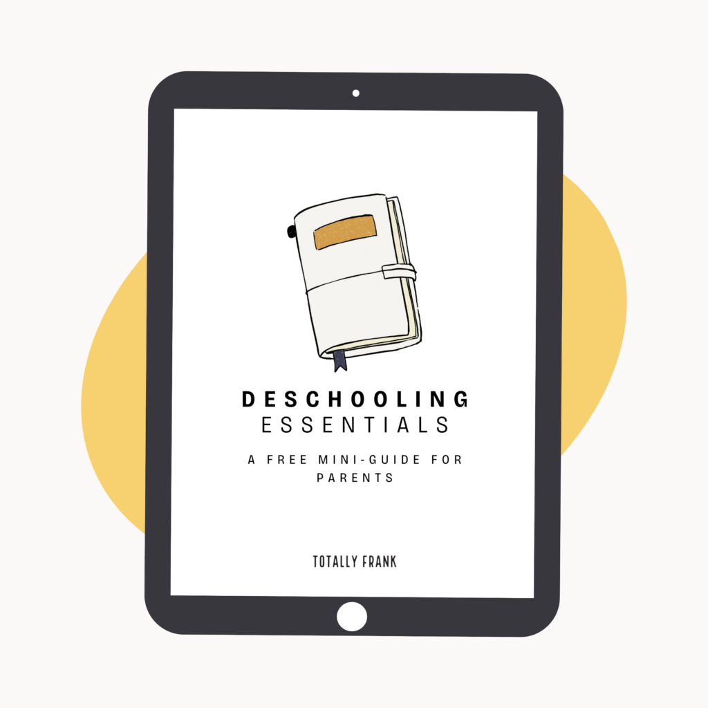 Tablet screen showing the cover of "Deschooling Essentials" by Totally Frank, featuring an illustration of a closed journal. This free mini-guide is one of several resources for neurodivergent families exploring alternatives to traditional education.