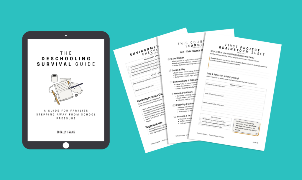 Preview of “The Deschooling Survival Guide” showing a digital cover alongside printable workbook pages, including a checklist, learning prompts, and a project brainstorm sheet. This deschooling guide helps parents ease into home education with practical tools and reflection-based resources for neurodivergent children.