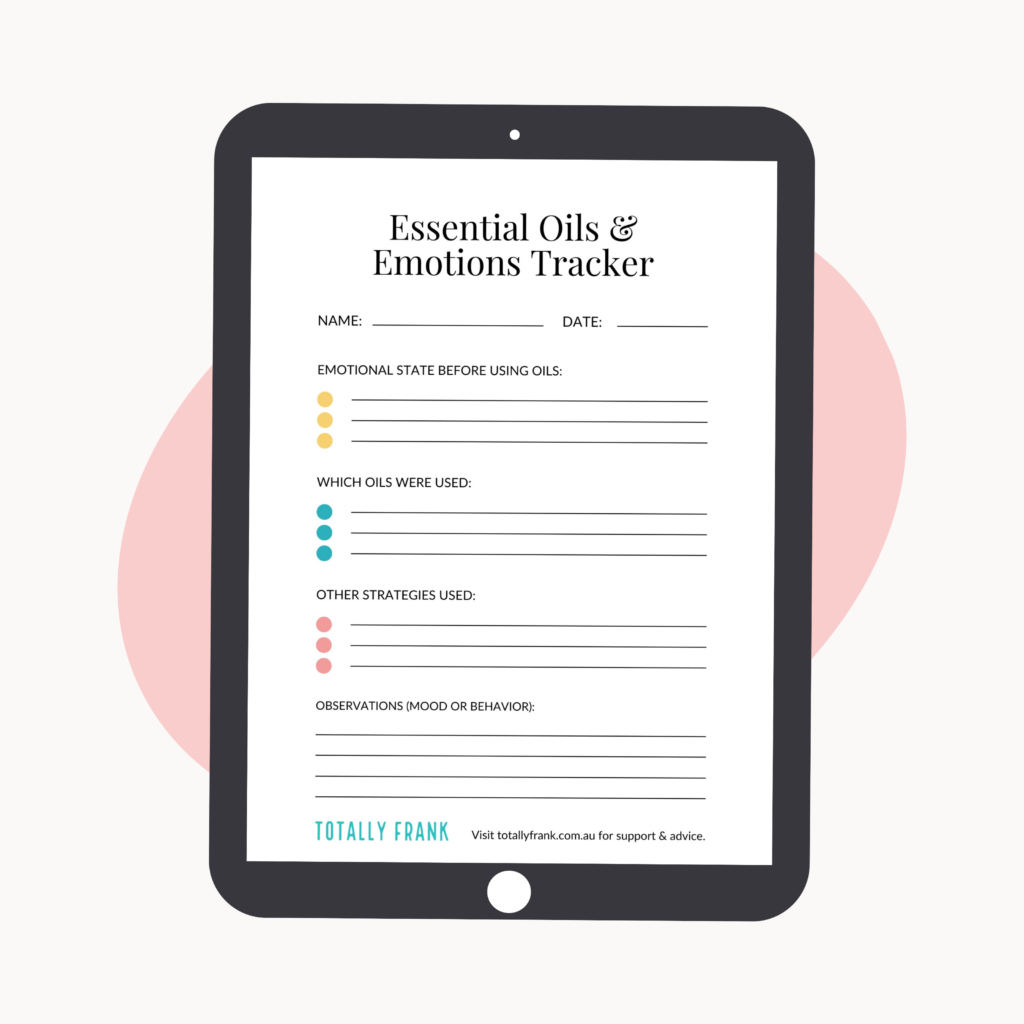 Tablet displaying an "Essential Oils & Emotions Tracker" worksheet by Totally Frank, with sections to log emotional state, oils used, other strategies, and mood observations. This wellness tool is part of a collection of resources for neurodivergent families seeking personalized support.