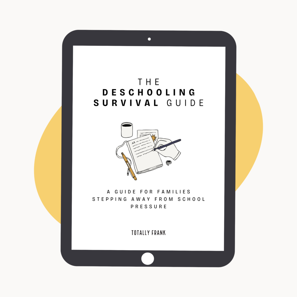 Tablet displaying the cover of "The Deschooling Survival Guide" by Totally Frank, featuring a sketch of a journal, pencil, and coffee cup. This guide offers resources for neurodivergent families stepping away from traditional school pressure.