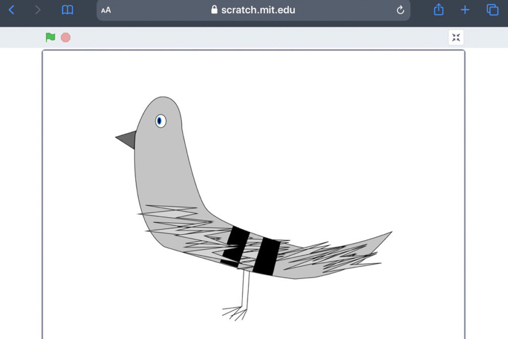 Cartoon drawing of a gray bird with jagged feather details, a black beak, a blue eye, and two bold black stripes on its tail. This whimsical illustration appears on the Scratch programming platform, often used in neurodivergent homeschooling to teach creative coding.