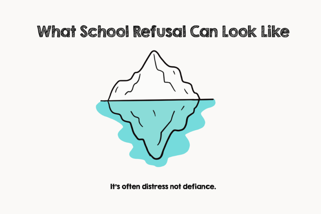 Simple infographic showing an iceberg above and below the waterline with the headline What’s Under School Refusal and the caption It’s often distress not defiance. It visually suggests that when a child refuses to go to school there may be hidden reasons beneath the surface.