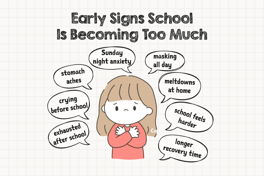 Illustration about children struggling in school showing a worried child holding their chest surrounded by speech bubbles listing warning signs. Text reads "Early Signs School Is Becoming Too Much" and "stomach aches" "crying before school" "exhausted after school" "Sunday night anxiety" "masking all day" "meltdowns at home" "school feels harder" and "longer recovery time".