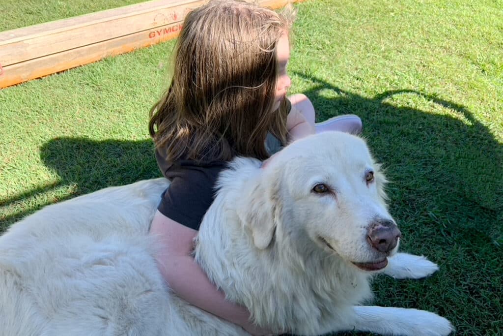 A child sits on green grass hugging a large white dog, both calm and at ease in a quiet outdoor moment. The peaceful scene reflects the feeling behind "am I doing enough homeschooling" while echoing the reminder "You’re allowed to start without having it all figured out" through a simple, connected beginning.