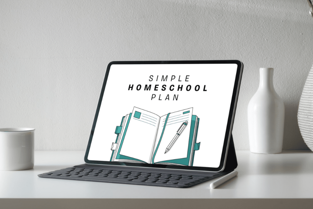 Graphic for a homeschool planning resource titled “Simple Homeschool Plan. A Template for NSW Families.” An illustrated open planner with a pen and teal accents appears in the center against a light grey background, representing homeschooling in NSW.