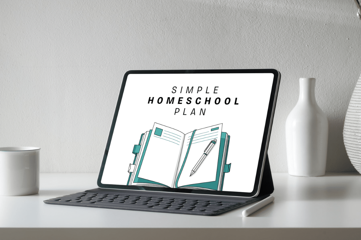 Graphic for a homeschool planning resource titled “Simple Homeschool Plan. A Template for NSW Families.” An illustrated open planner with a pen and teal accents appears in the center against a light grey background, representing homeschooling in NSW.